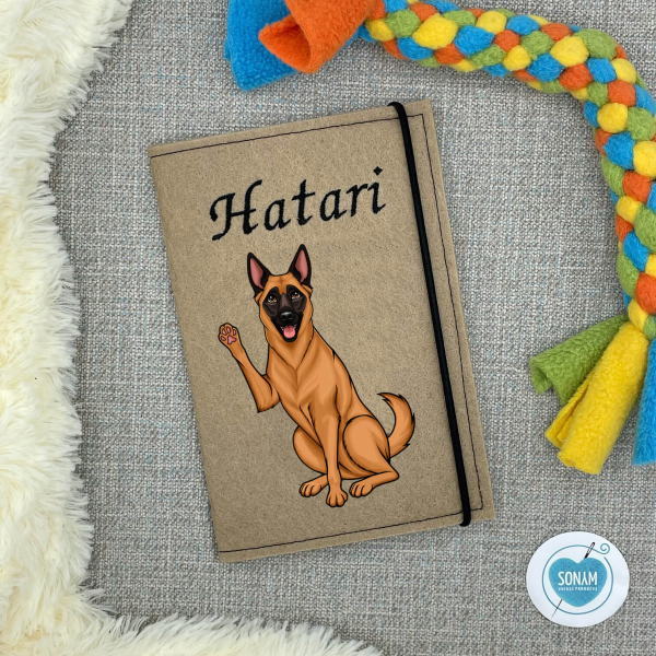 Designbeispiel der Impfpasshülle oliv für die Hunderasse Malinois rotbraun